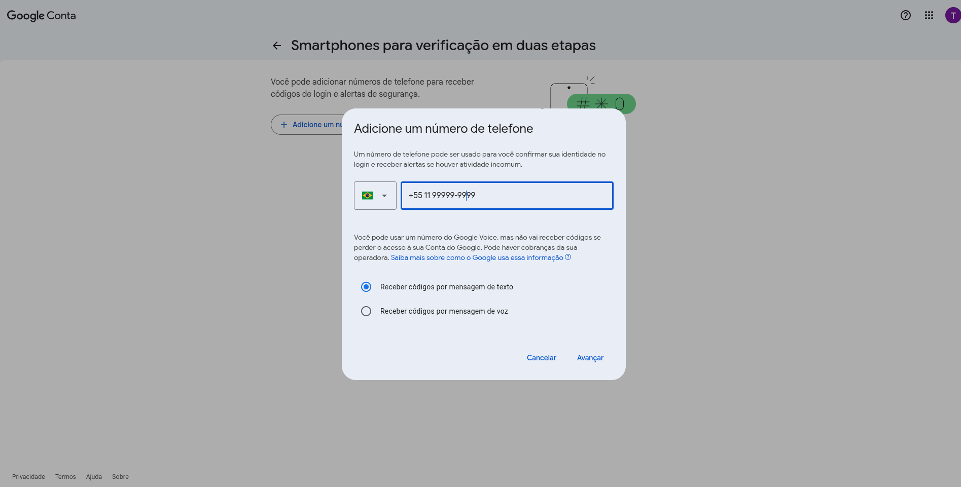 Adicionar Número de Telefone Google