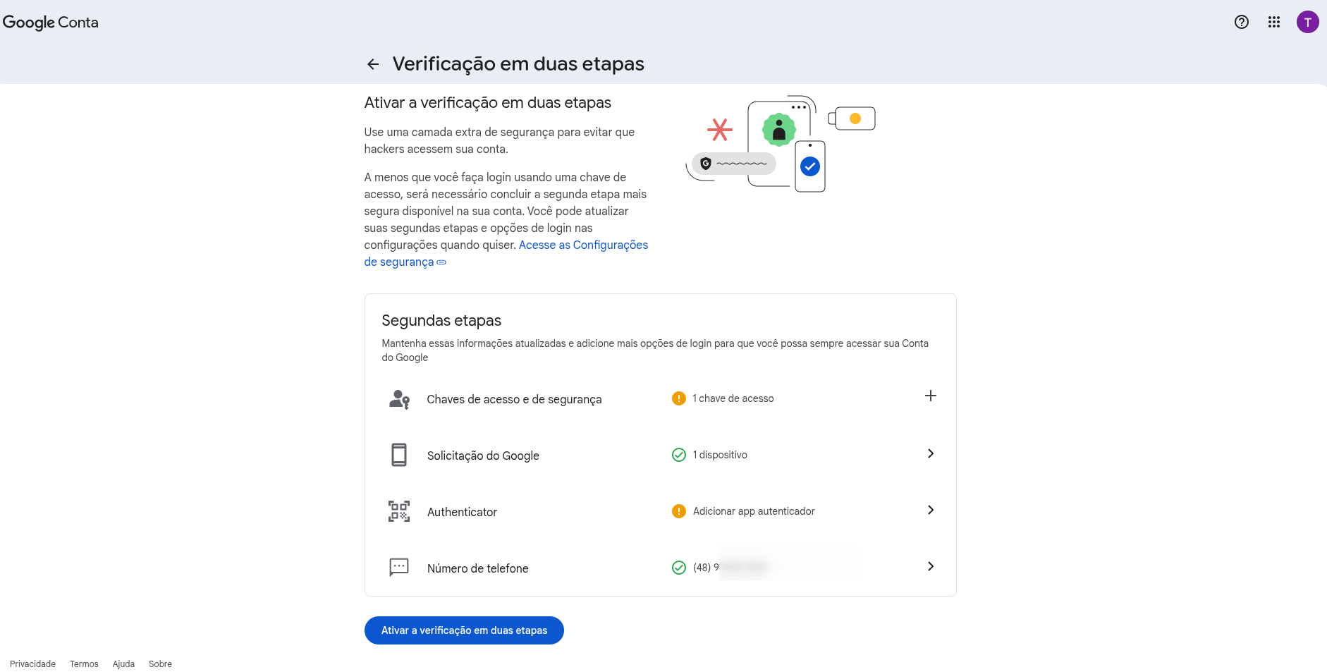 Ativar Verificação em Duas Etapas Central