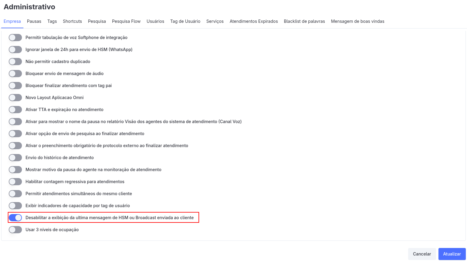 Configuração - Exibição da Última Mensagem de HSM