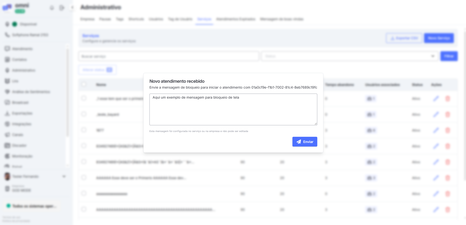 Configuração Mensagem Bloqueio Tela Atendimento Menu Serviços