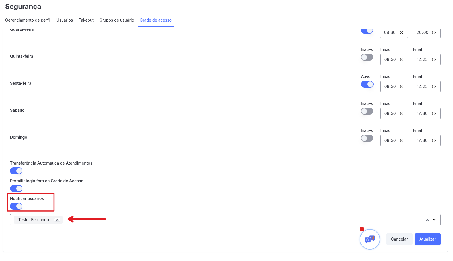 Configurando Grade de Acesso para Recebimento de Notificações de fila sem Usuários Logados