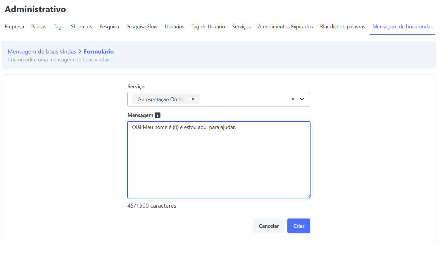 Configuração Mensagem Boas-Vindas