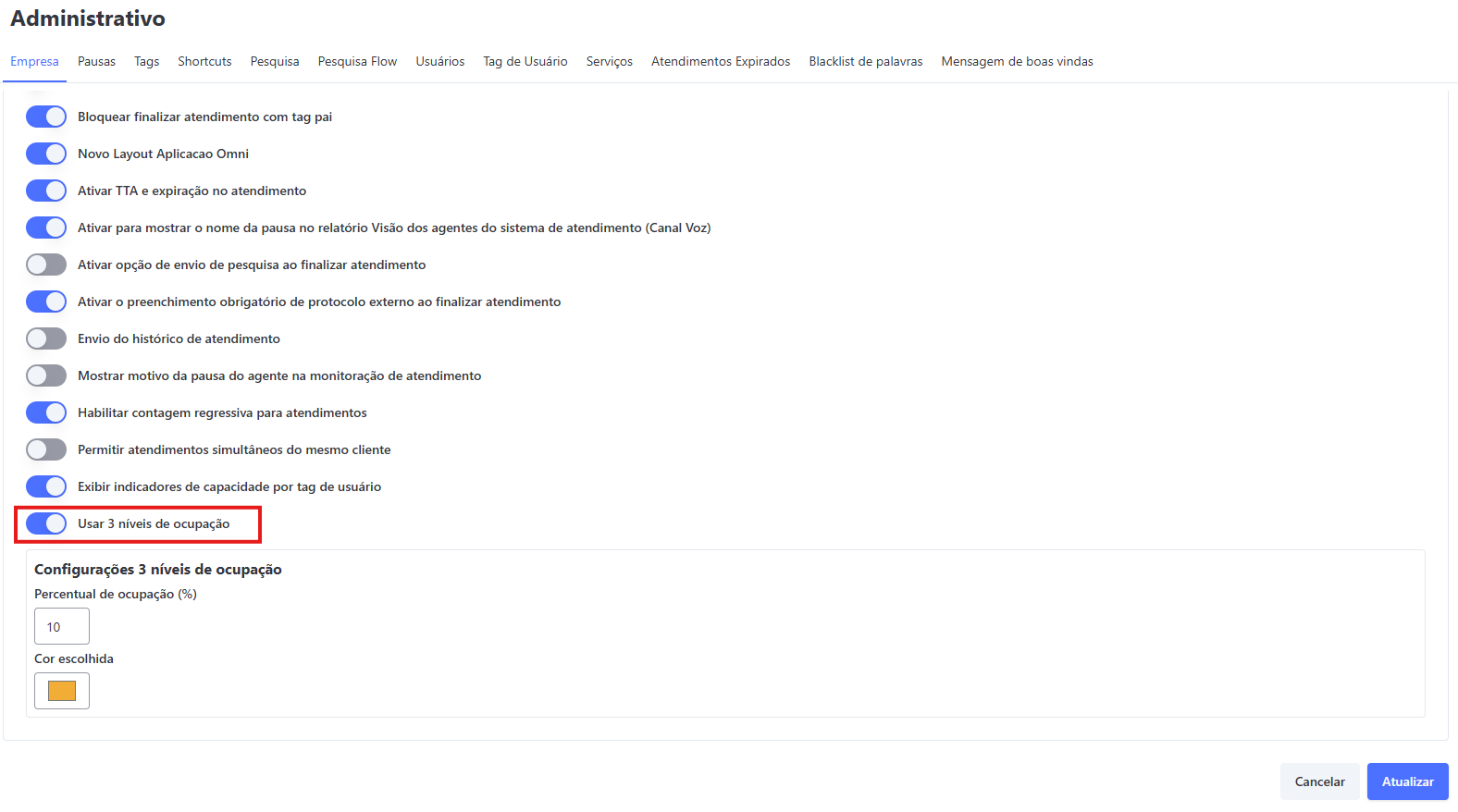 Ativação e Configuração das Cores por Nível de Ocupação