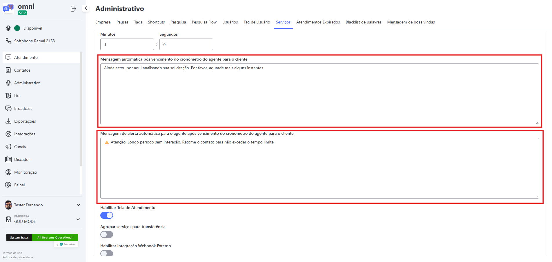 :class=sombracaixa Configuração da mensagem automática pós vencimento do cronômetro