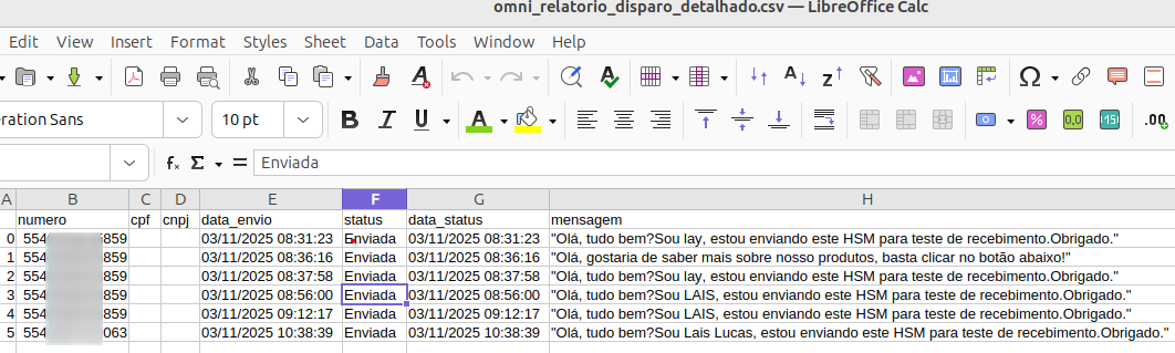 Exemplo de registros relatório de disparo HSM detalhado