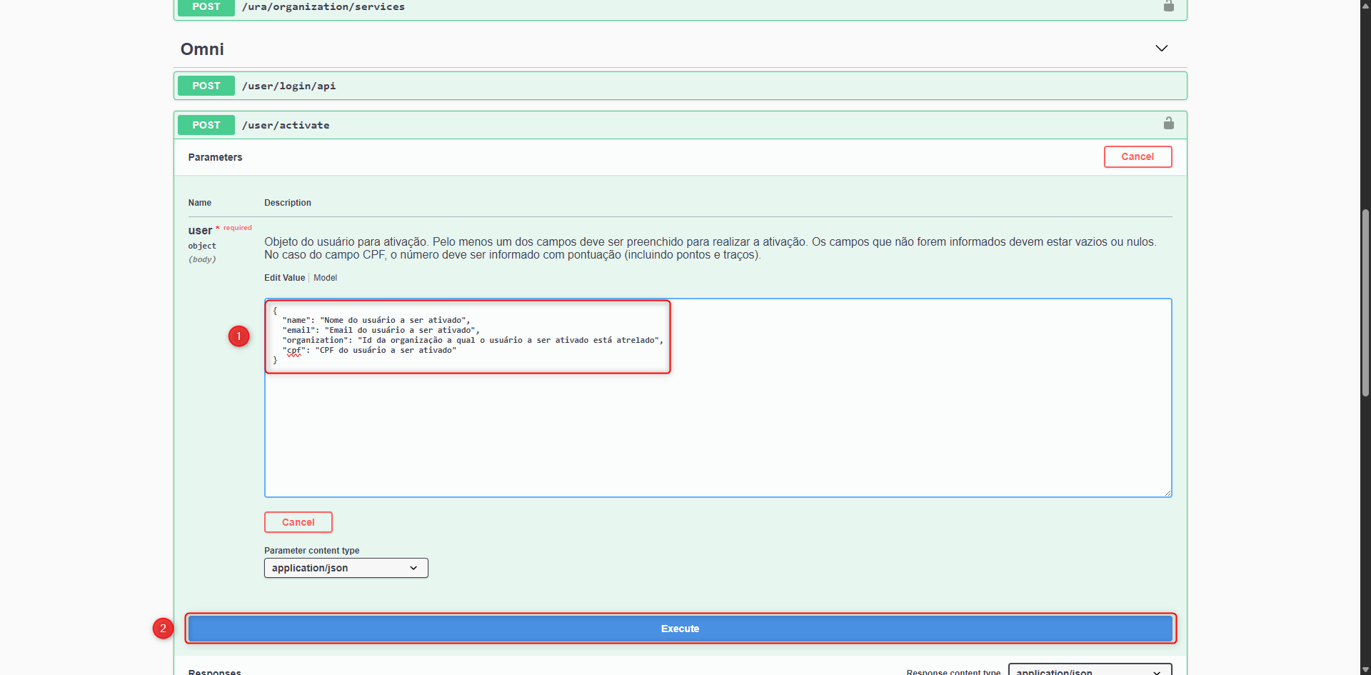 Executar a requisição user/activate