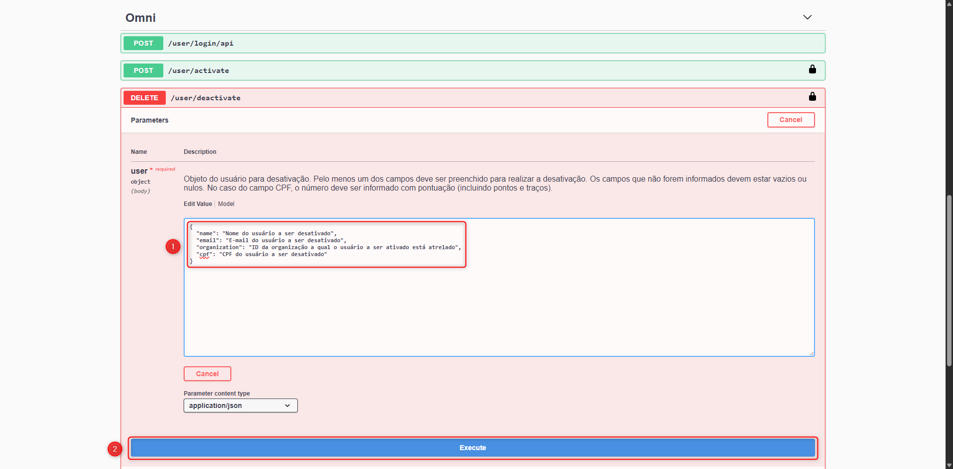 Executar a requisição user/deactivate