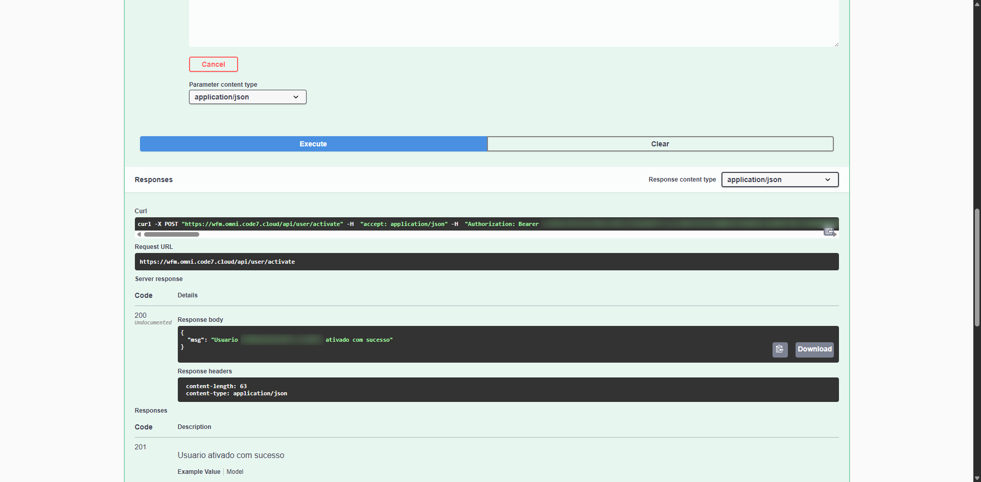 Exemplo de retorno user/activate