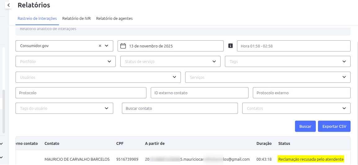 Exemplo de Recusa no Rastreio de Interação