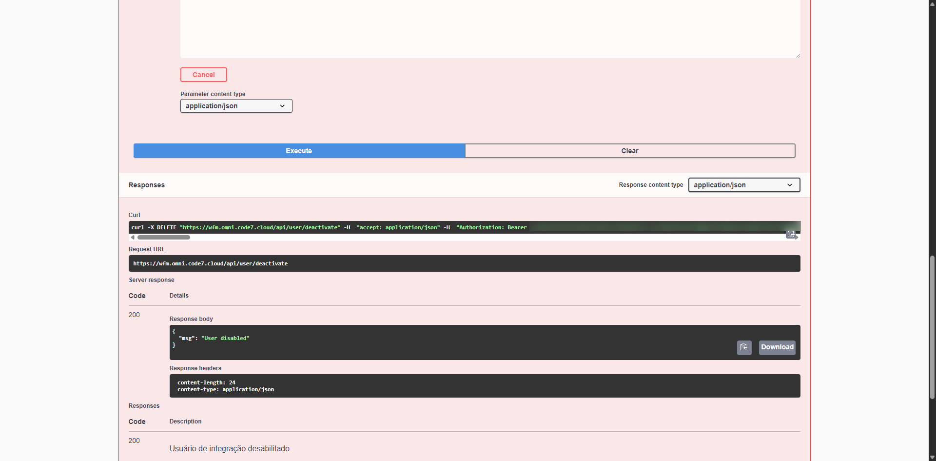 Exemplo de retorno user/deactivate