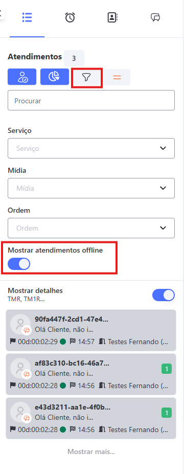 Tela Atendimento Filtro Atendimentos Offline