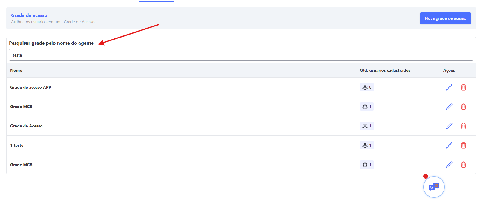 Filtro de usuários Grade de Acesso
