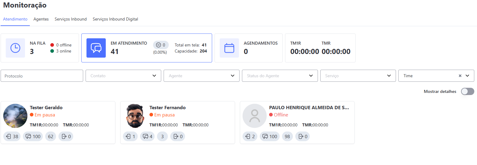 Monitoração - Em Atendimento com flag indicadores de capacidade por tag de usuário ativo e filtrado por tag