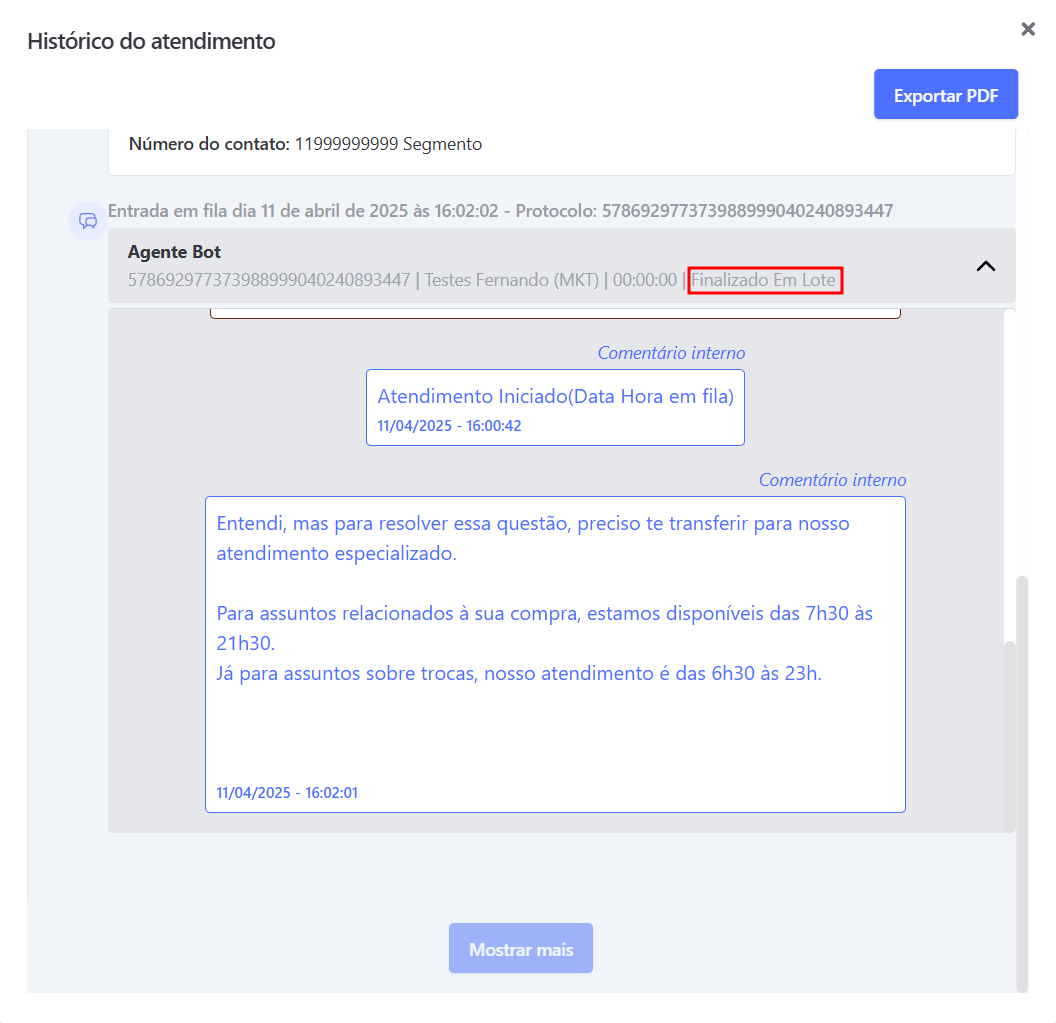 Histórico Gerado Gestão de Filas