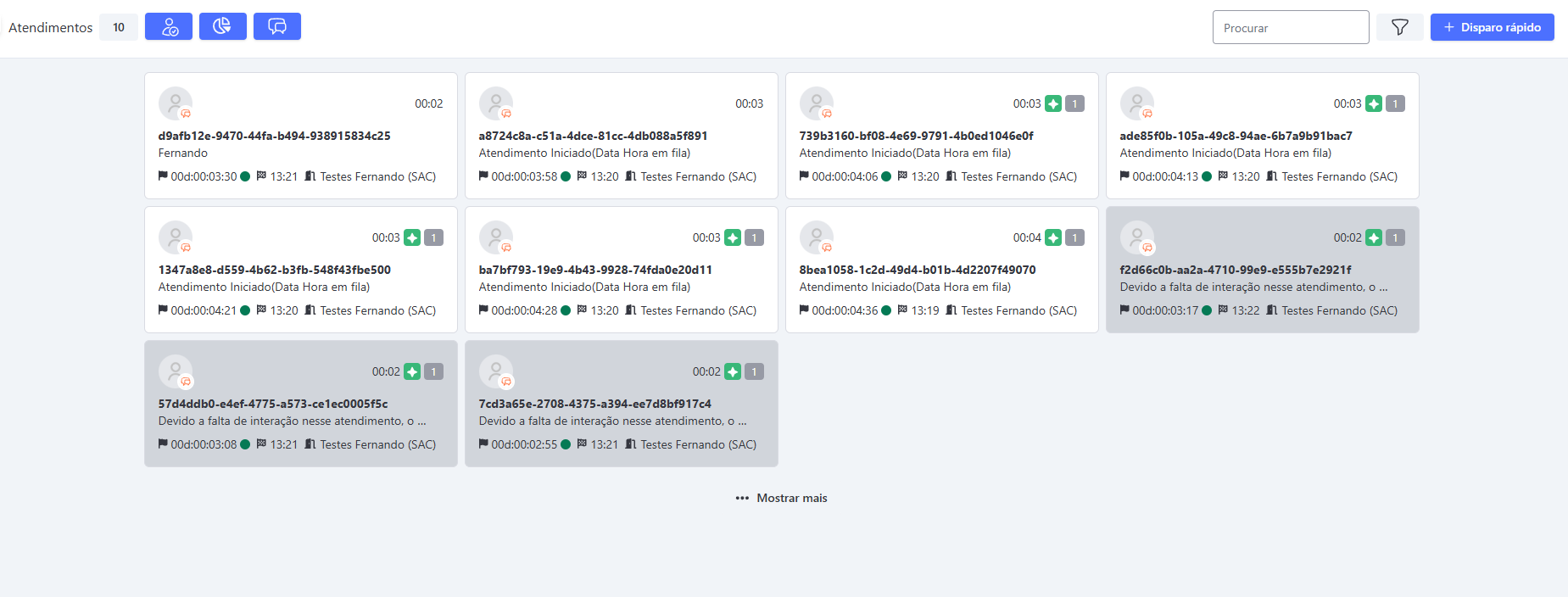 Tela Atendimento Cards Status em Espera