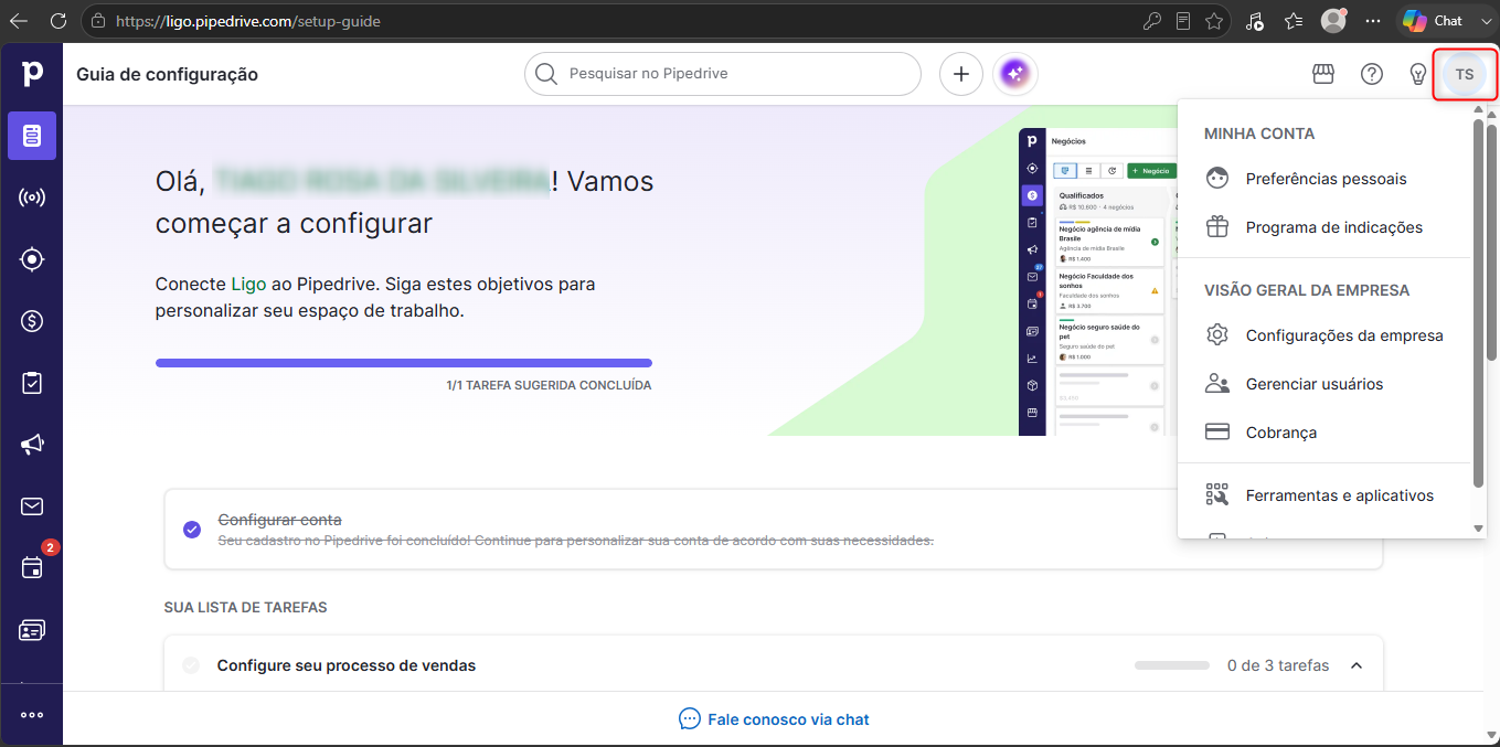 Tela inicial Pipedrive