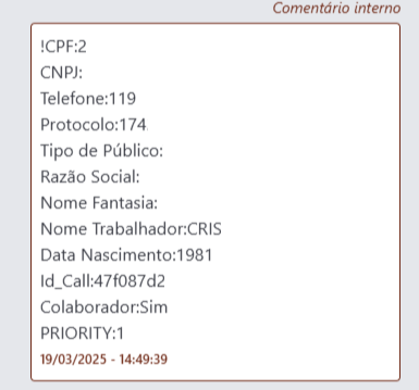 Comentário Interno Inicio chamada