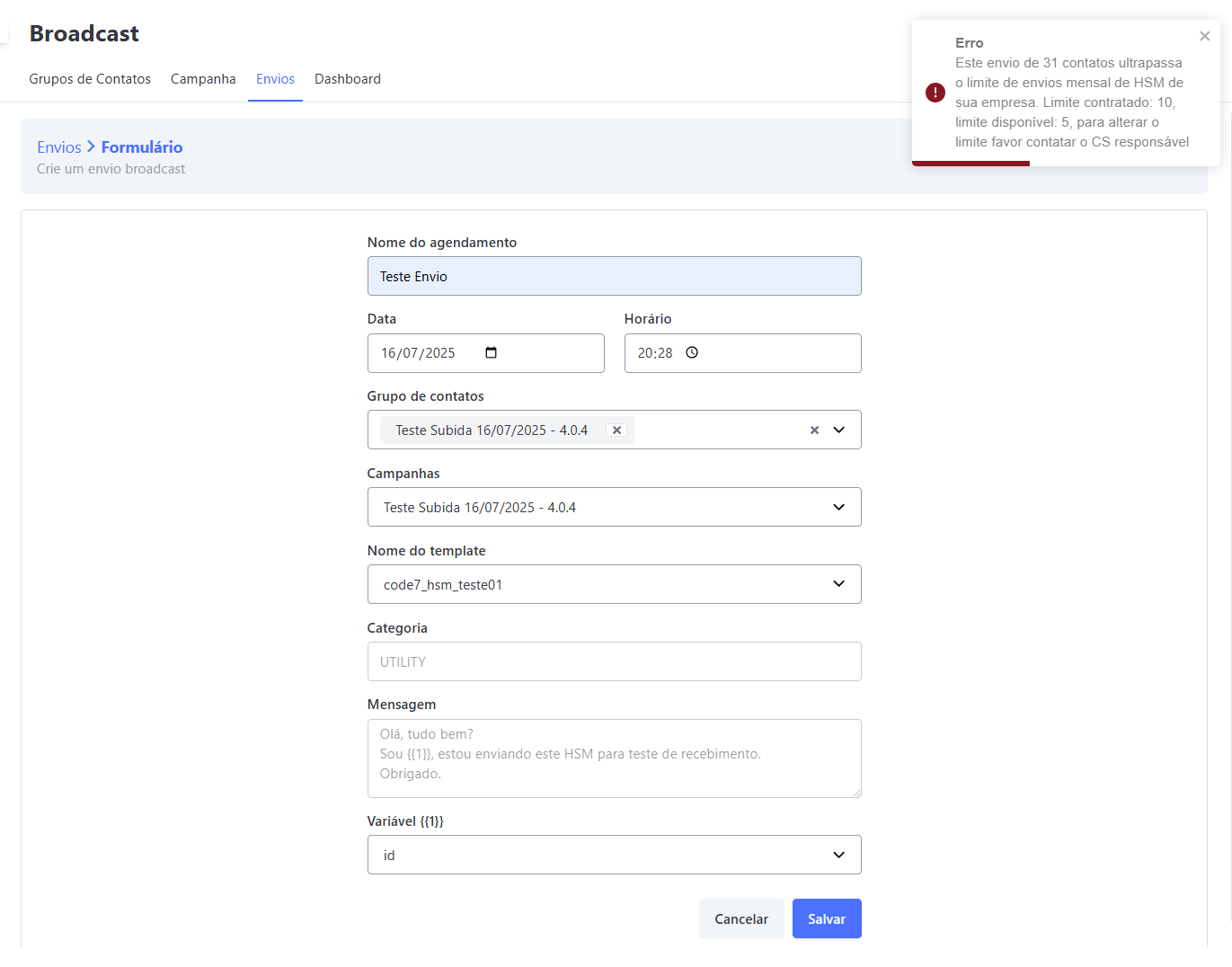 Limite de Envios de Broadcast