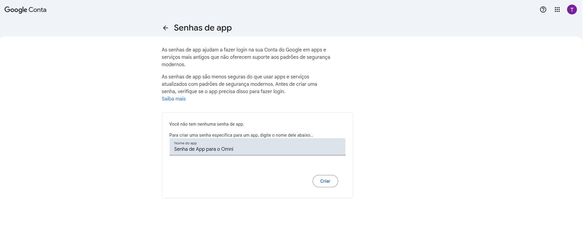 Configurando Nome da Senha de App