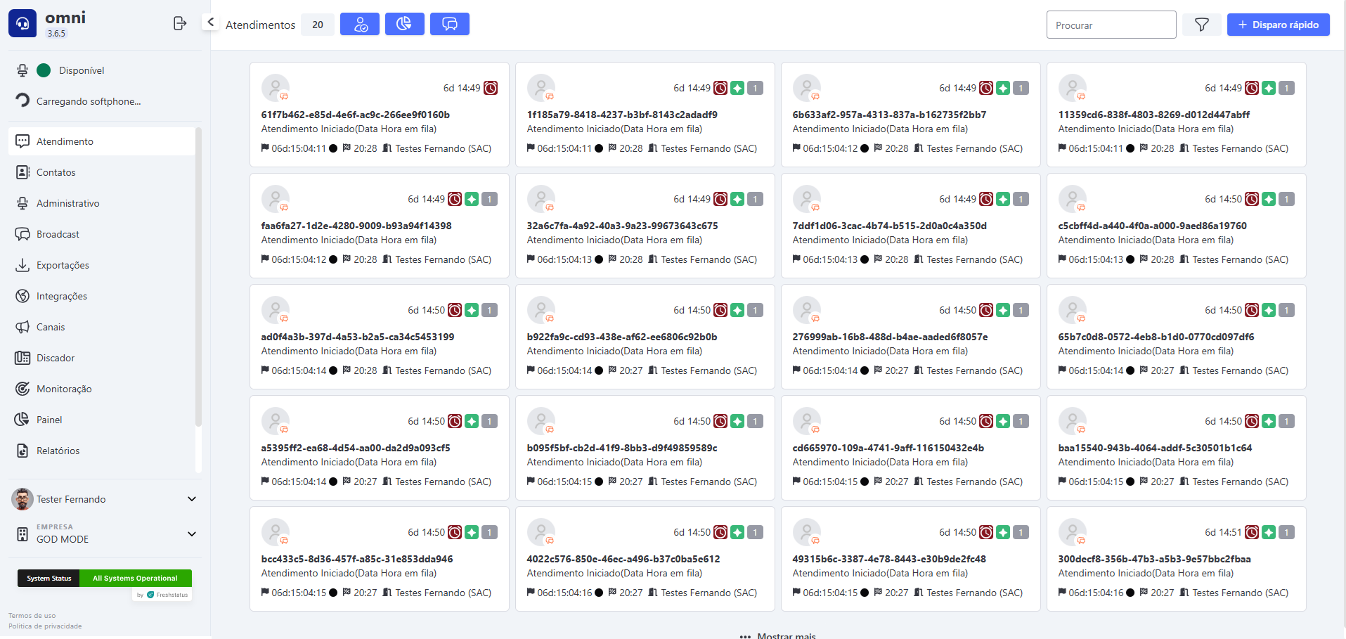 Tela de Atendimento em Card