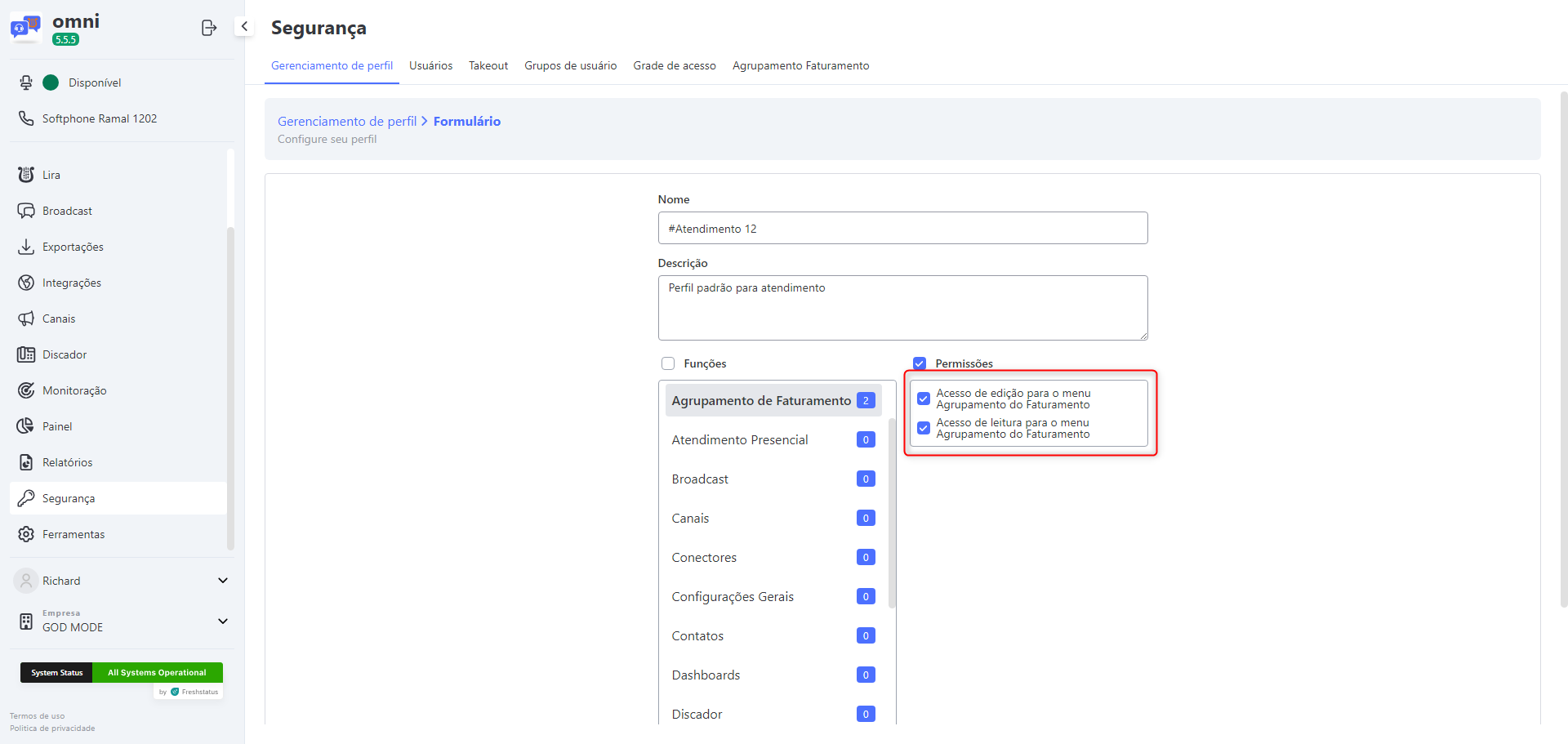 Permissões para a tela de agrupamento faturamento