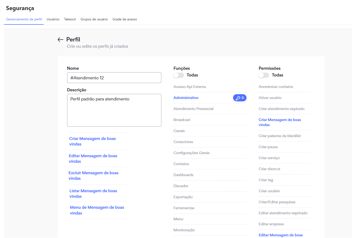 Permissões Mensagem Boas-Vindas