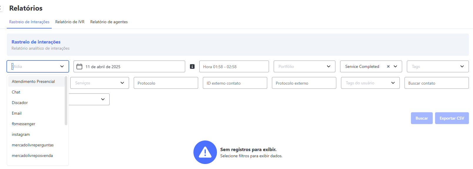 Tela Filtros de Mídia