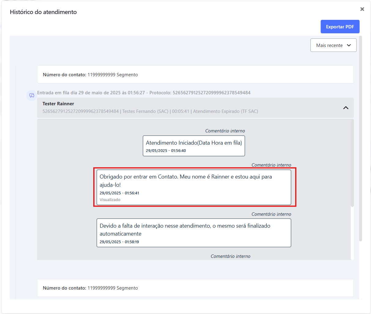 Histórico de Atendimento com Mensagem Boas-Vindas