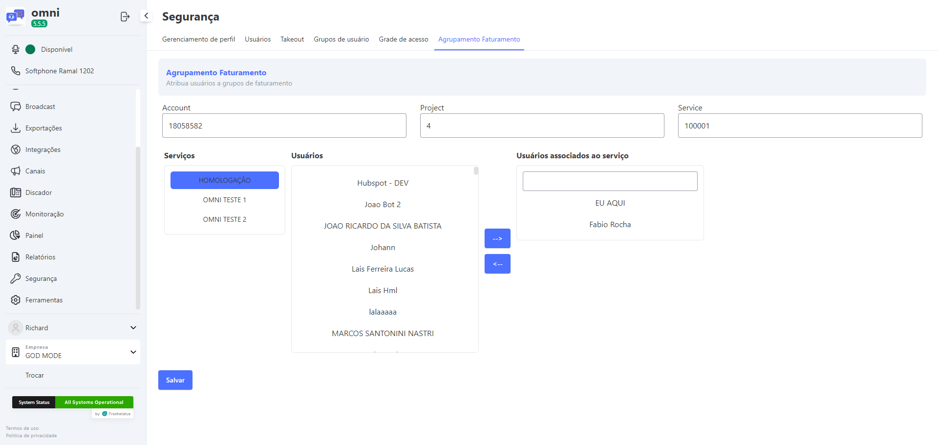 Mostrando os serviços, usuários agrupados e não agrupados