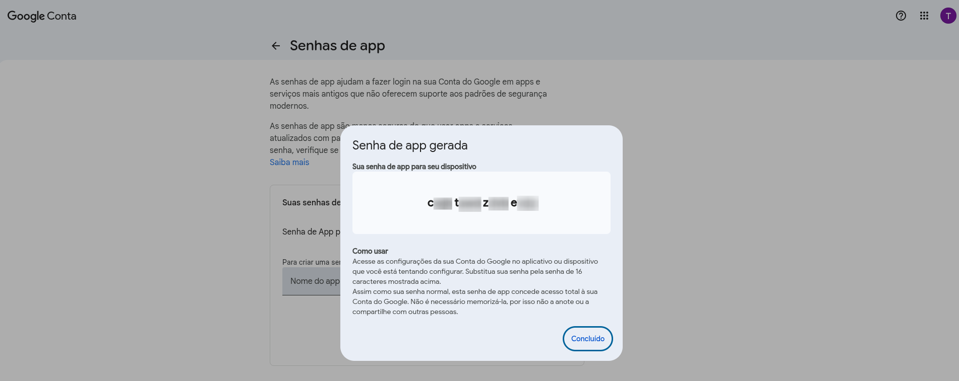 Janela de Senha de App Gerada
