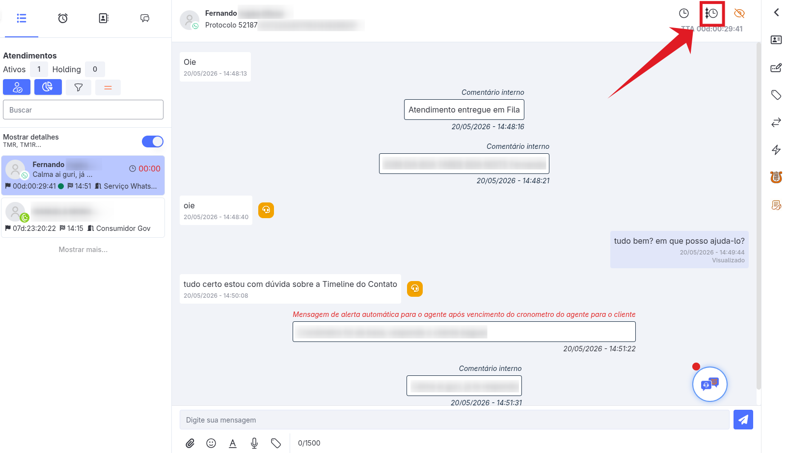 Linha do Tempo do Contato na Tela de Atendimento