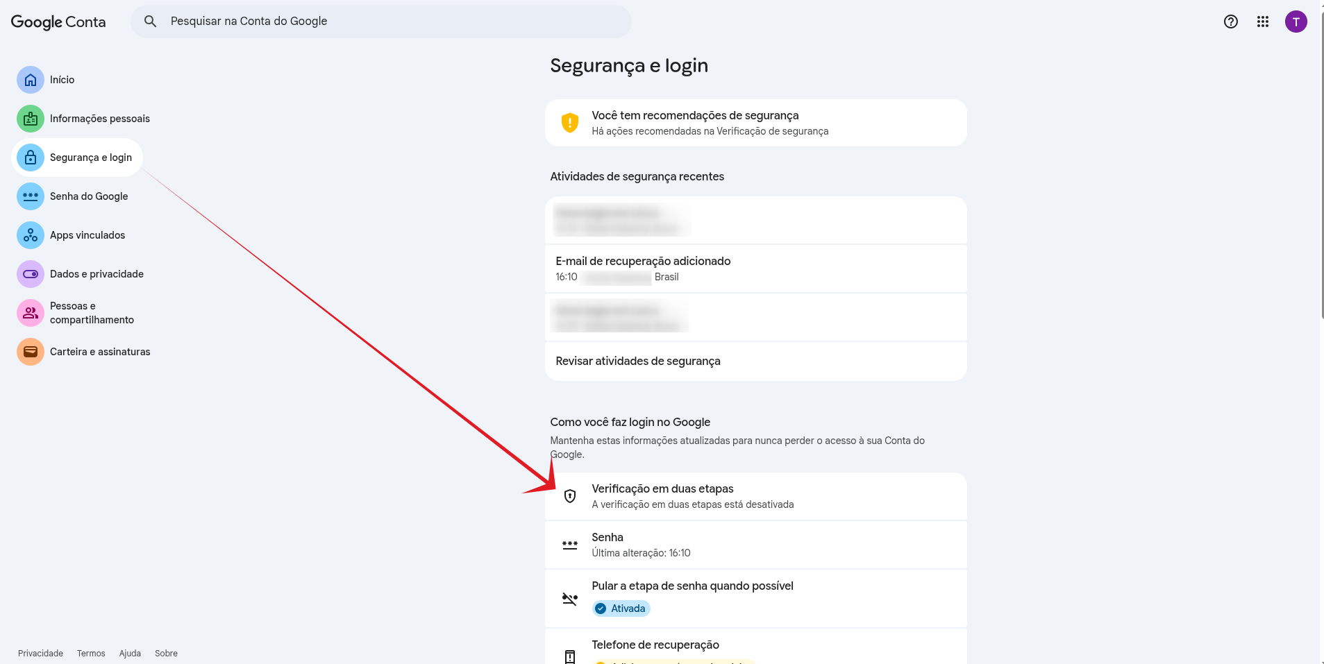 Inicio Verificações em Duas Etapas