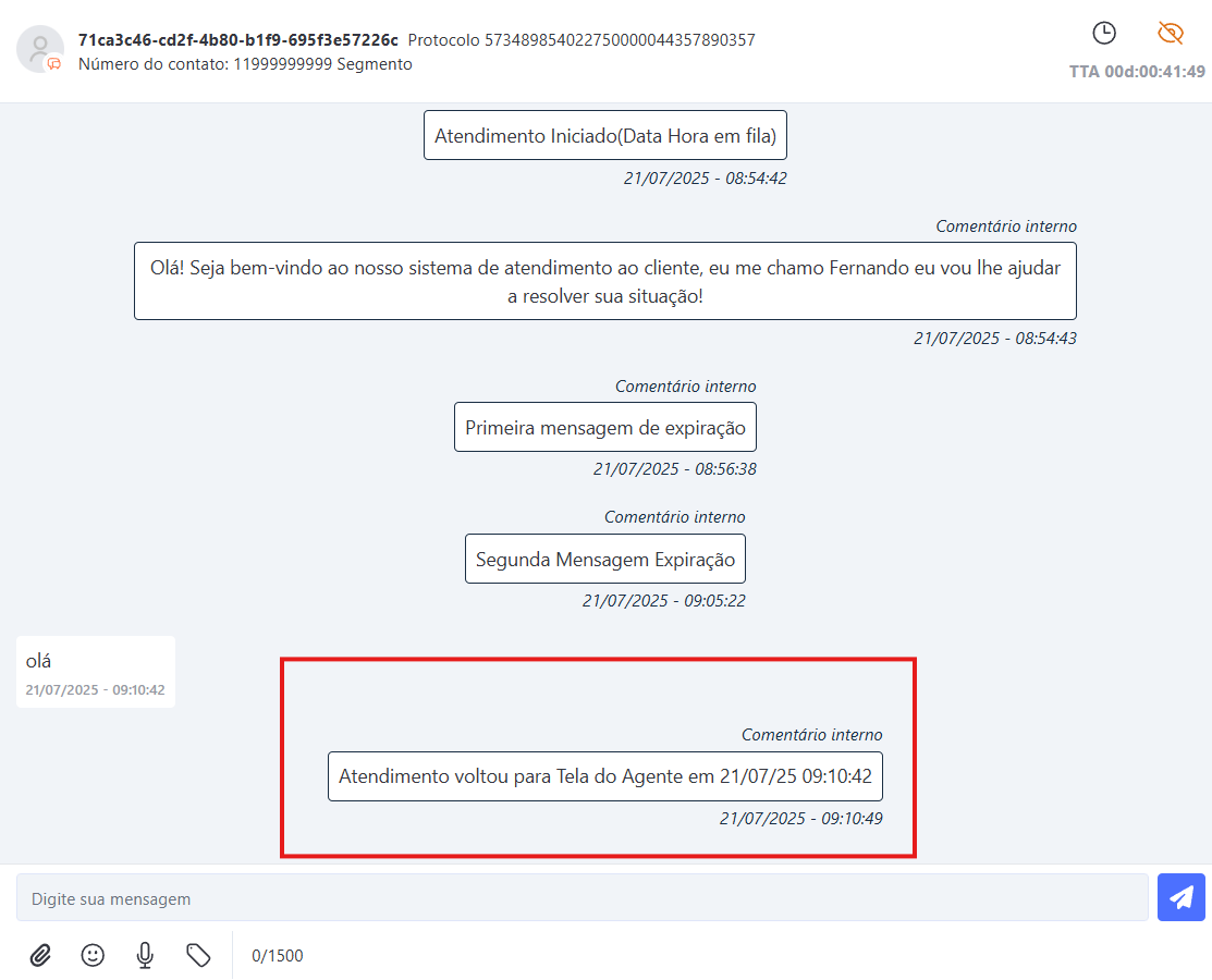 Comentário Interno de Retorno do Atendimento