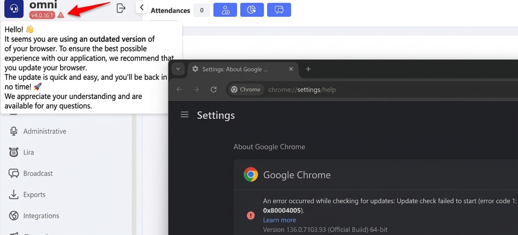 Outdated browser message Red warning