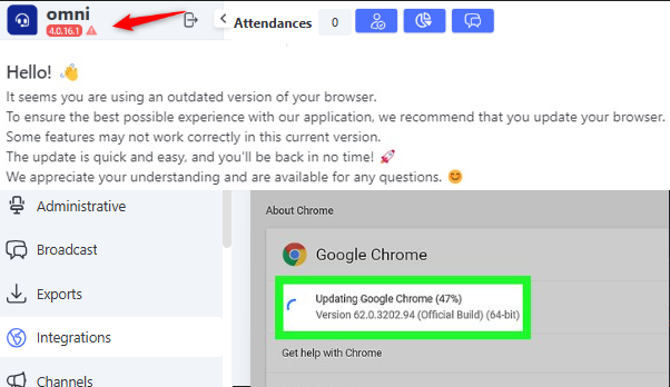 Outdated browser message Red warning