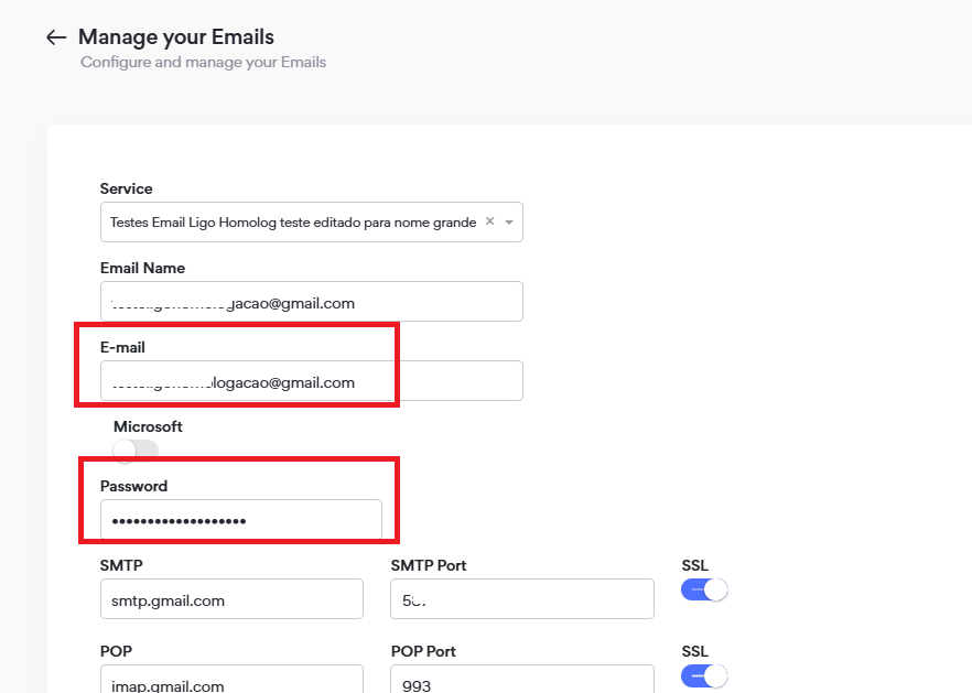 Tela Configuração E-mail