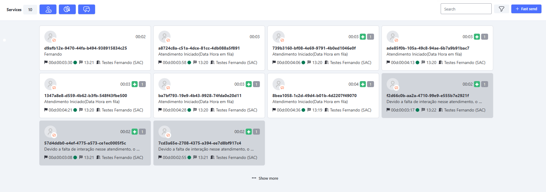 Tela Atendimento Cards Status em Espera