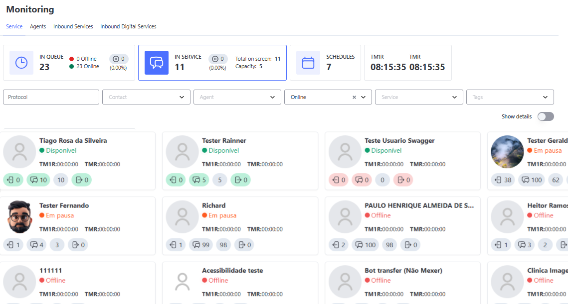 :class=sombracaixa Monitoração - Em Atendimento com Visualização em Cards
