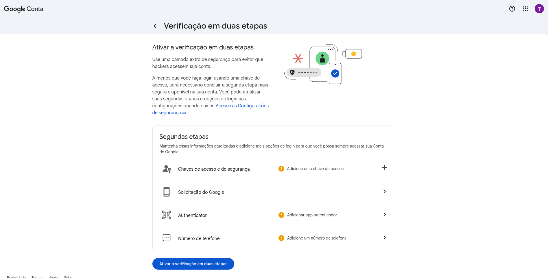 :class=sombracaixa Opções de Verificação em Duas Etapas Google